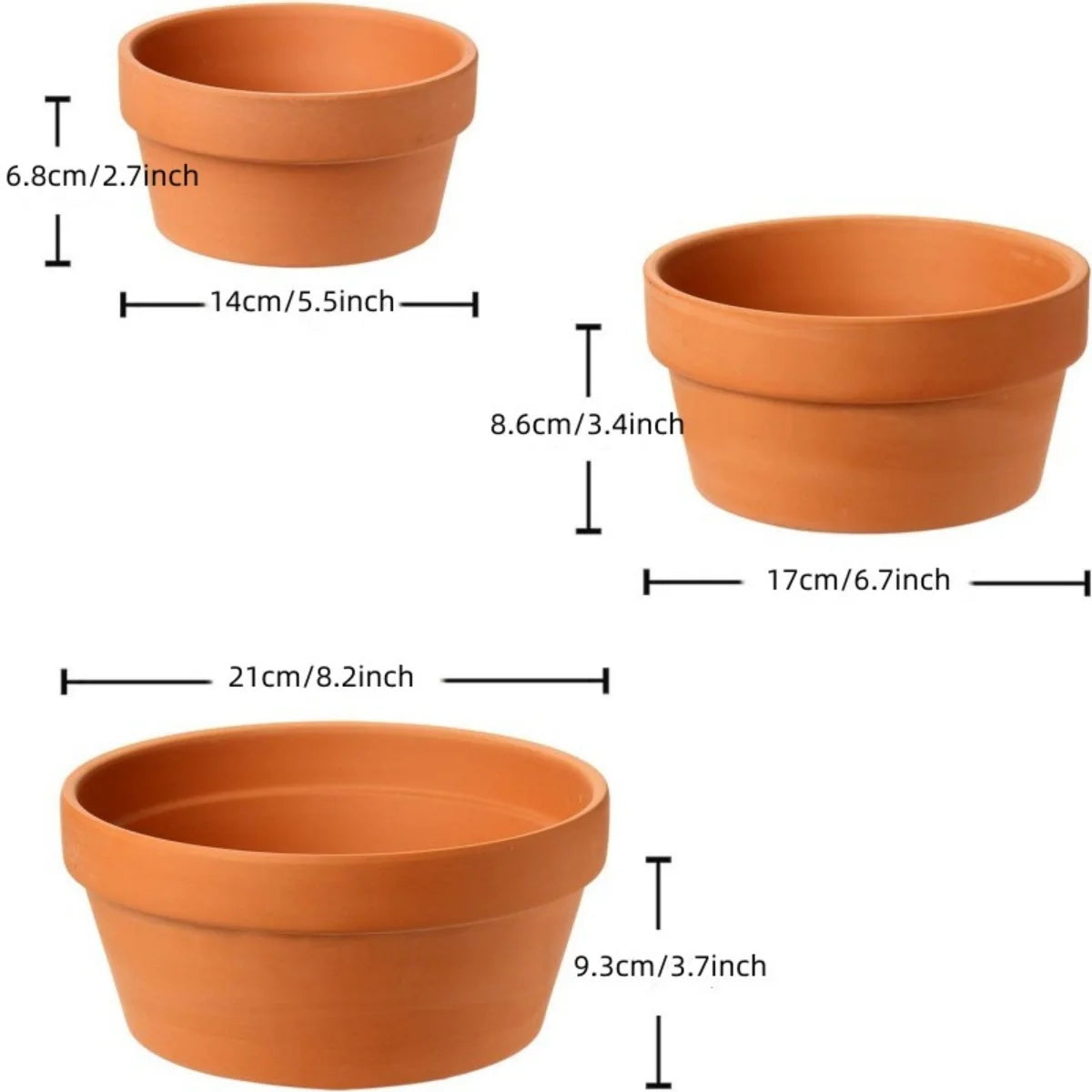 Set of 3 Shallow Terracotta Pots Plant Pots Clay Pottery Planter in Different Sizes(8.2inch/6.7inch/5.5inch) with Drainage Hole