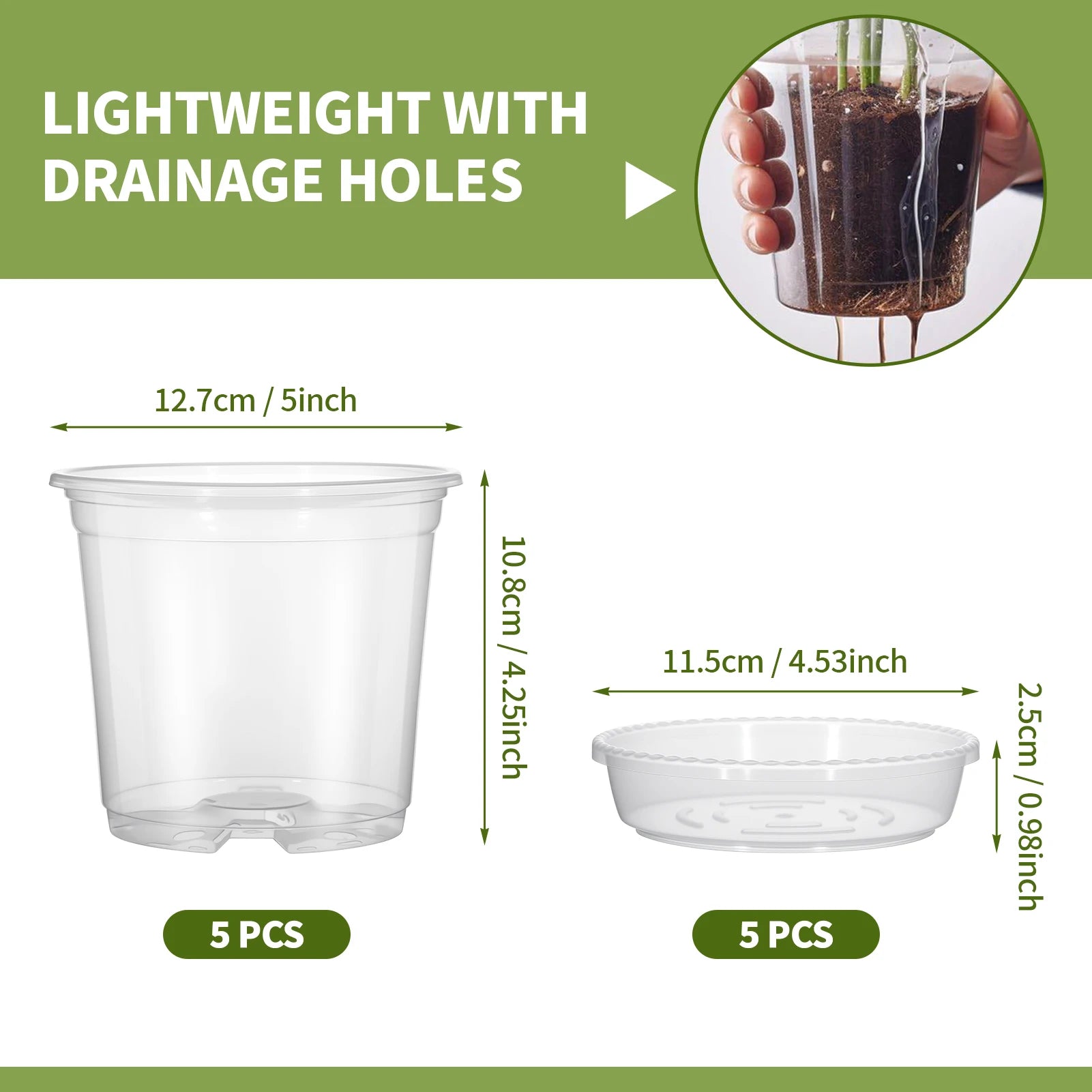 5pcs Watering Plant Pots With Saucers Set Transparent Plastic Flower Pot For Indoor Garden Orchid Succulents With Drainage Holes
