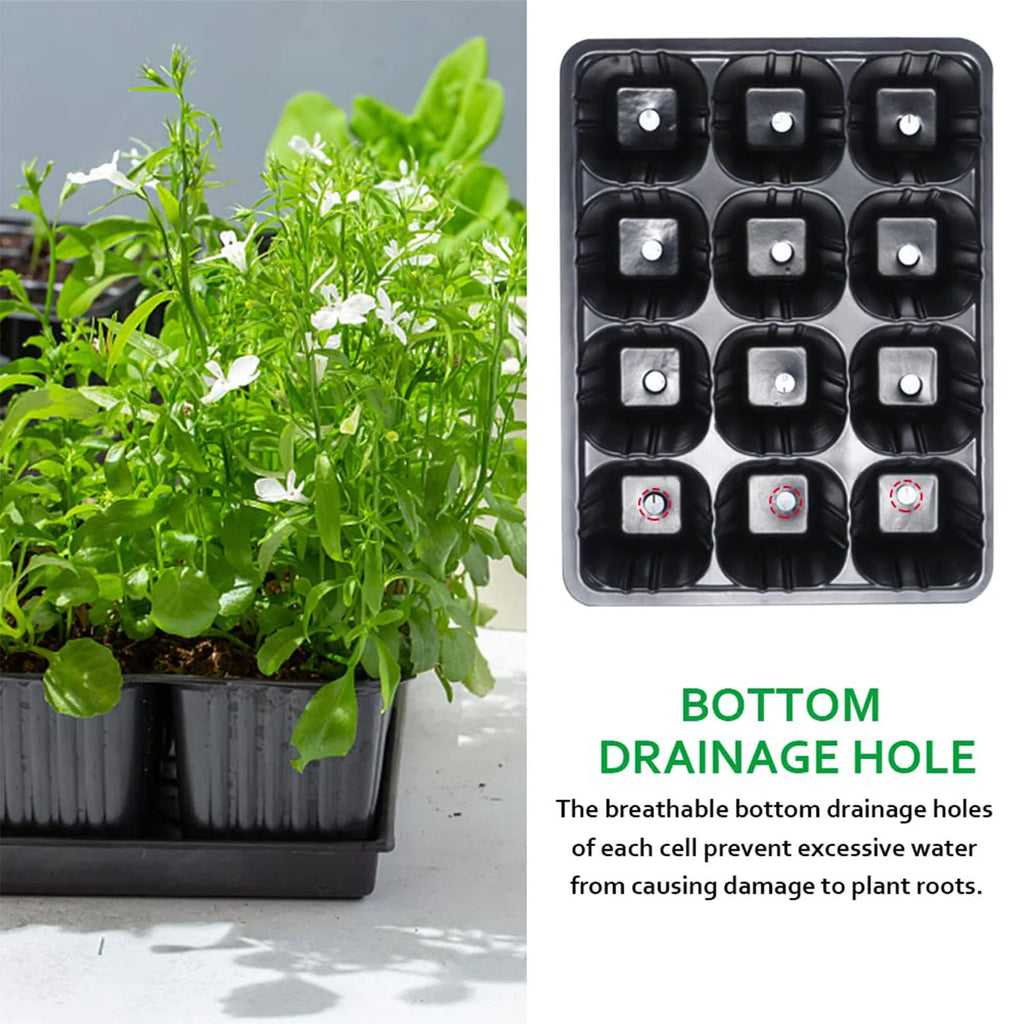 12 Hole Black Plastic Seedling Tray for Plants Nursery Garden Seed Starter Pots Planting Trays for Vegetables Flowers